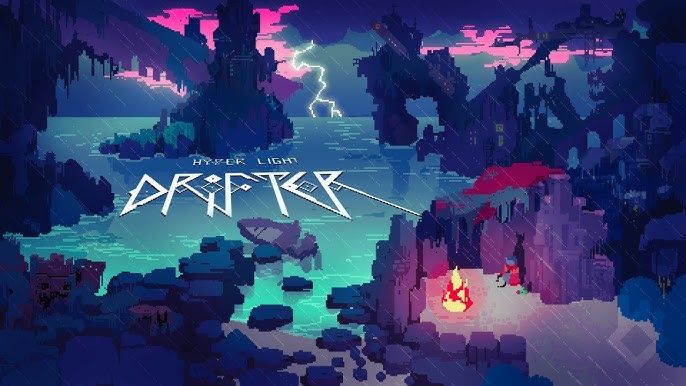 A splash screen for Hyper Light Drifter. A lone bolt of lightning strikes a distant ocean past crags jutting from the mostly serene looking water. A humanoid in a red coat sits near a roaring fire in the rain, with a boat docked down a rocky pier.