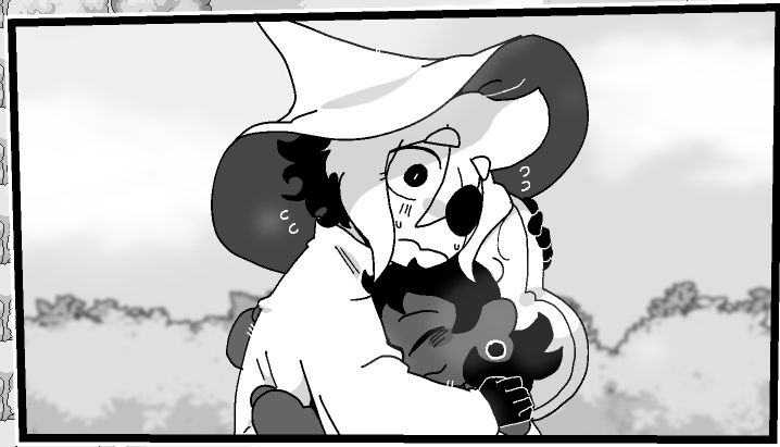 Bonnie and Siffrin, from In Stars and Time, Siffrin remembers that he has to return the hug, and does so with some visible ackwardness, but the attempt is there, he helds Bonnie shoulder and hat. Bonnie is smiling more as they enter his arms, feeling the warmth of the one who procted them.