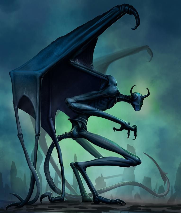 A nightgaunt, with black skeletal body, horns, long pointed tail, batlike wings, and no face.
