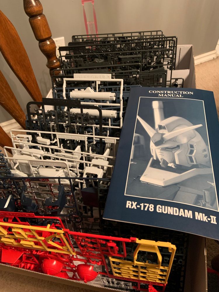A line of organized sprues full of pieces for a perfect grade RX-177 Gundam Mk-II model.