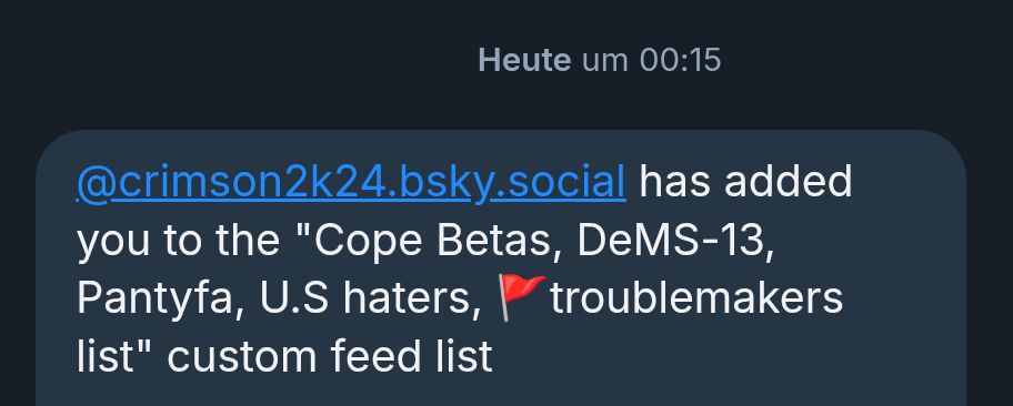 @crimson2k24.bsky.social has added you to the "Cope Betas, DeMS-13, Pantyfa, U.S haters, troublemakers list" custom feed list