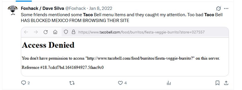 Screenshot of an old post of mine from Twitter where I show surprise at being banned from Taco Bell