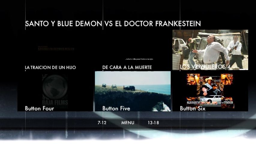 An "Extras" menu from a DVD release of a wrestling movie. The screen shows six trailers. Three of them have the default menu text instead of the actual movie names. The other two links lead to the movie chapter selections.