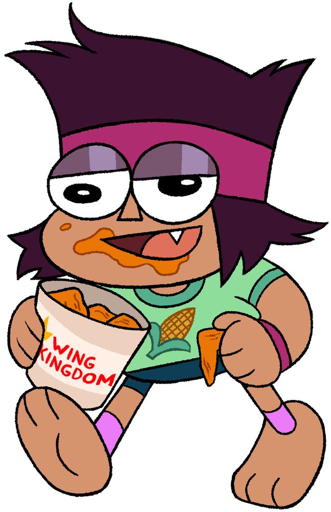 K.O. from OK K.O.! Let’s Be Heroes wearing a green t-shirt with a corn on the cob on it. He’s holding a bucket of hot wings with the Wing Kingdom logo from Regular Show. He has hot sauce stains on his mouth, and a silly look on his face.