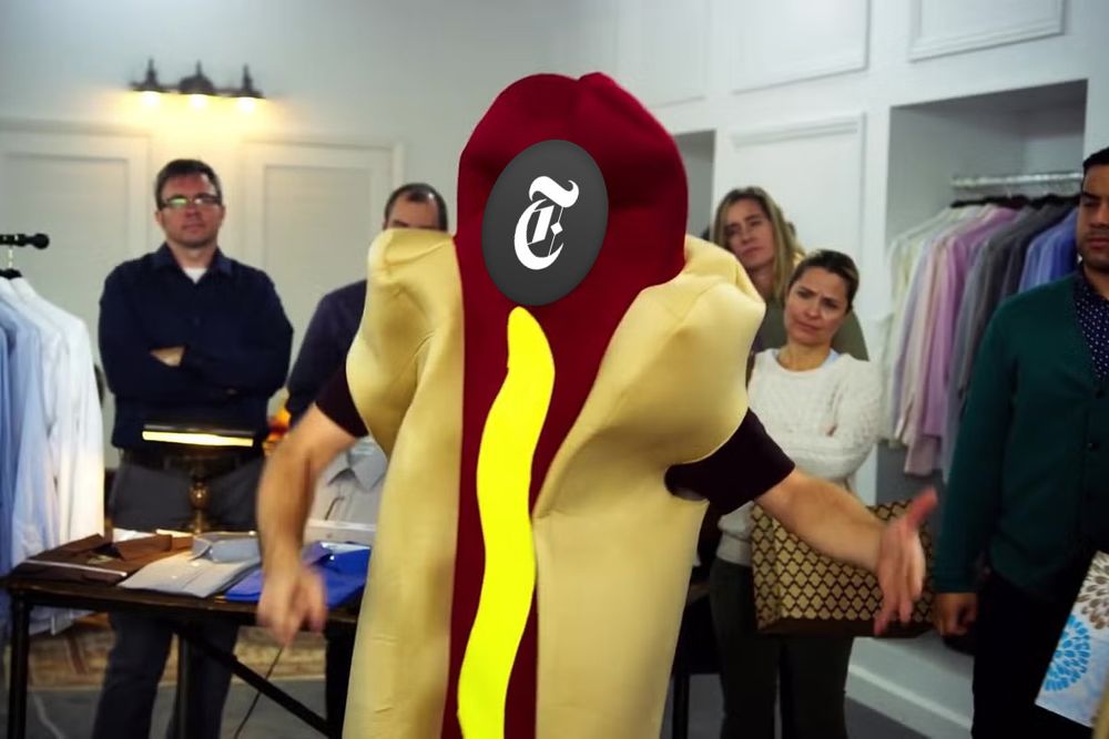 Hot Dog Guy, but with the NYT logo for his face.