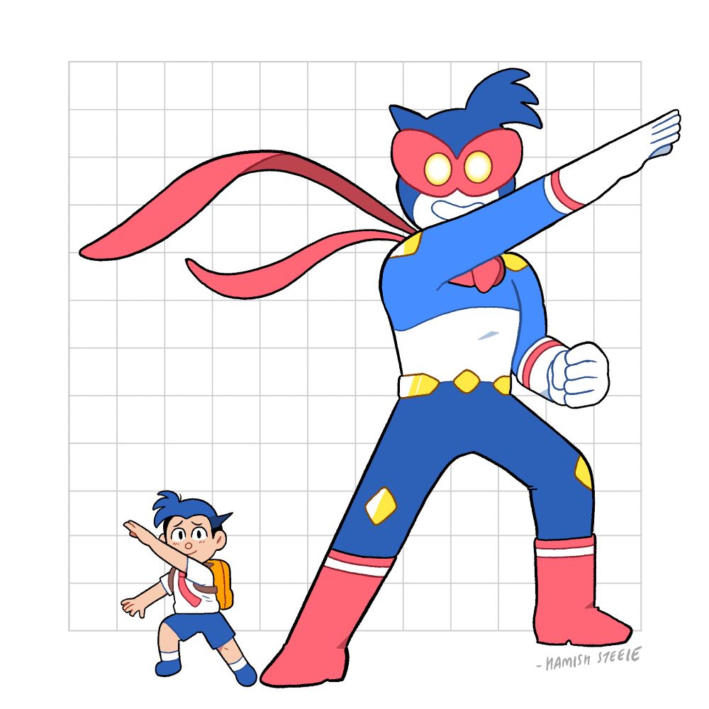 An illustration of two characters on a white background - TOBI is a small boy with blue spiky hair, a red tie and blue shorts with an orange backpack. He has a worried smile. He his stood beside GO-MAN, a superhero resembling Ultraman or a Power Ranger, with a blue and red mask across his face, a red billowing scarf, red boots, white gloves and a yellow belt. Both of them are posing like superheroes, with one arm outstretched. 