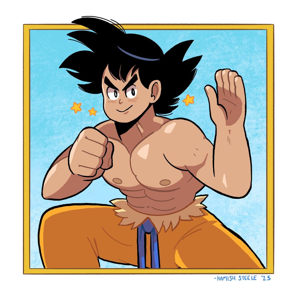 An illustration of the Dragon Ball character Son Goku in his adult form. He has black spiked hair going off in every angle, and he's very muscular, striking a pose as if he's about to fight. He has his shirt off and is wearing torn loose-fitting pants with a rope-like belt. He is in front of a simple textured background, perhaps evoking the sky and he has little stars sparkling by his face. He looks determined. The image is framed in a simple border.