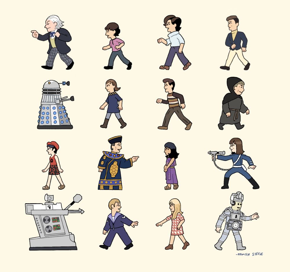 an image of chibi-like illustrations of characters from Doctor Who, specifically from the First Doctor's era. The characters are, in order, The Doctor, Susan, Barbara, Ian, a Dalek, Vicki, Steven, the Monk, Dodo, the Toymaker, Katarina, Sara, a War Machine, Ben, Polly and a Cyberman. 