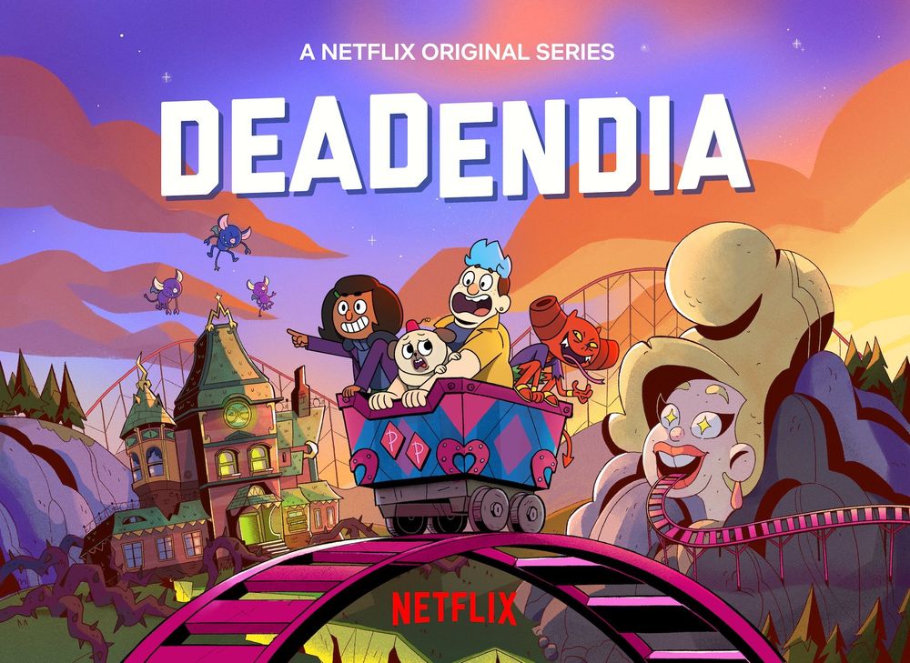 Promotional image for the show Dead End Paranormal Park, with its original title, DeadEndia, depicting Barney, Norma, Pugsley and Courtney riding a rollercoaster in a haunted theme park. 