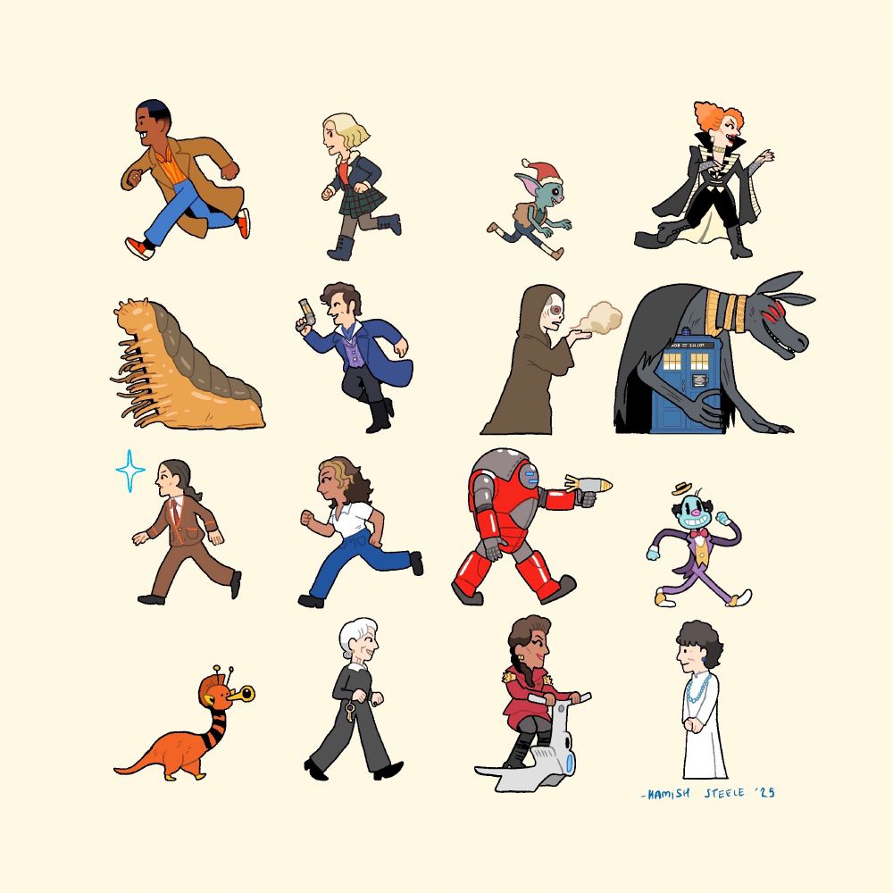 An illustration depicting various characters from the Fifteenth Doctor's era of Doctor Who. They are in order - Ncuti Gatwa's Doctor, Ruby Sunday, a goblin, Maestro, a mantrap slug, Rogue, Susan Triad as a skeleton, Sutekh, Anita and the North Star, Belinda Chandra, a MissBelindaChandra Robot, Mr Ring-a-ding, Dungga Doo, Mrs Flood, The Rani and Susan. 
