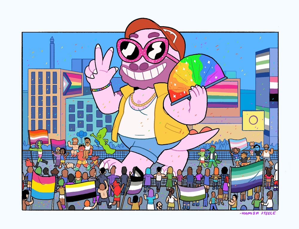 An illustration depicting the big pink dinosaur-kaiju-like character Ham walking through a pride march with characters from Dead End Paranormal Park and Croc and Roll, while crowds watch and flags of almost every queer identity are flown. Ham is in sunglasses, holding up a peace fan and rainbow coloured fan. 