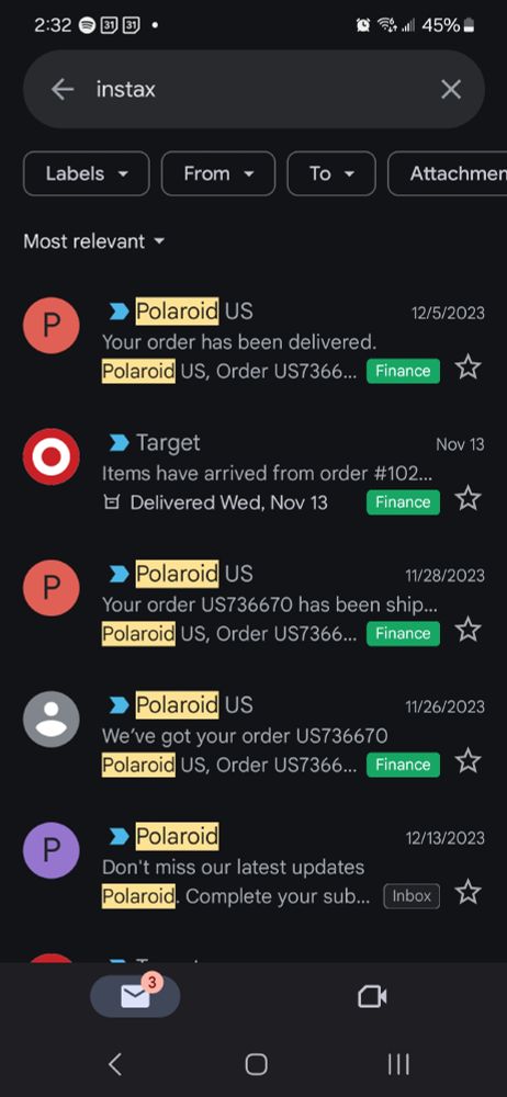 An image of Gmail with "Instax" in the search bar and "Polaroid" highlighted in all of the search results.