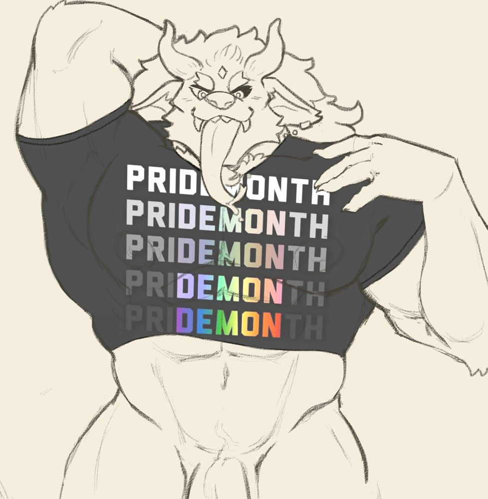 Demon feline furry character posing and wearing a "pride month demon" meme t shirt