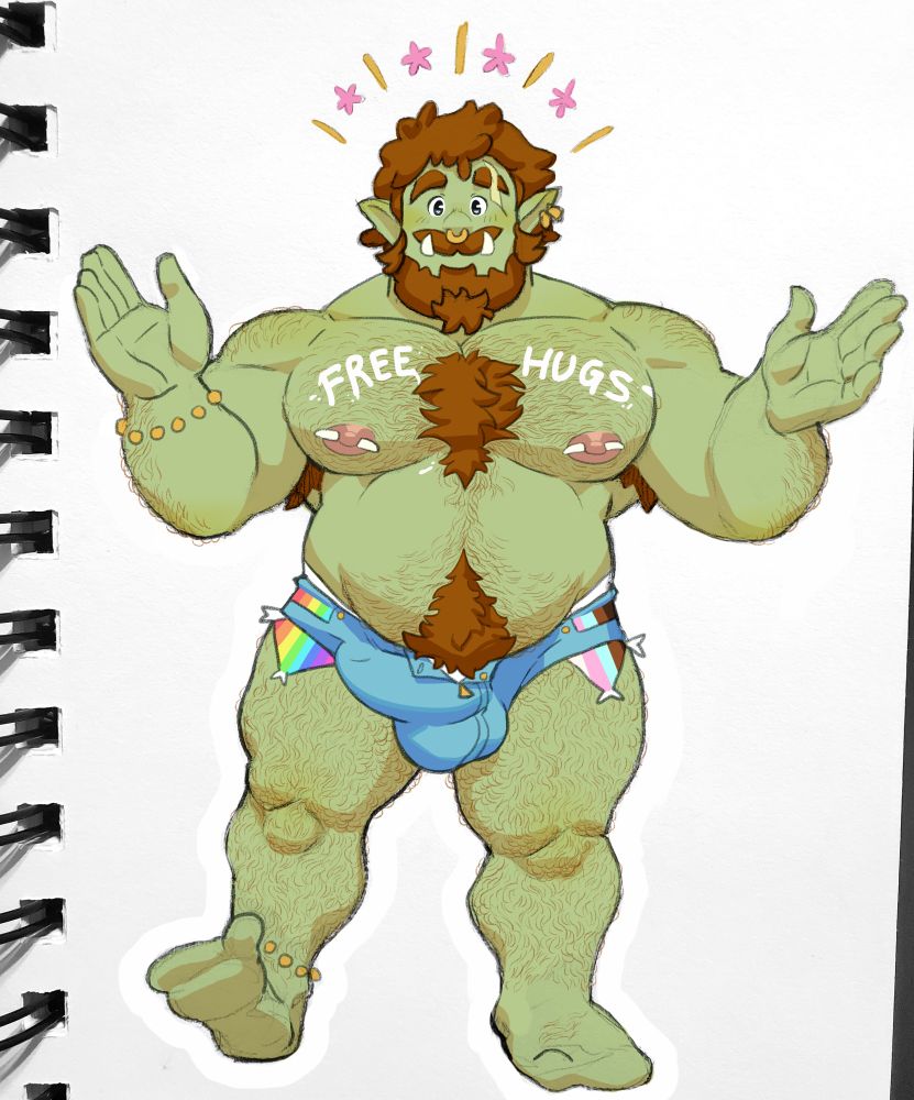 Beefy orcish man standing with his arms open gesturing for a hug. A bright smile on his face. He wears short shorts with pockets lined with pride flag colors.