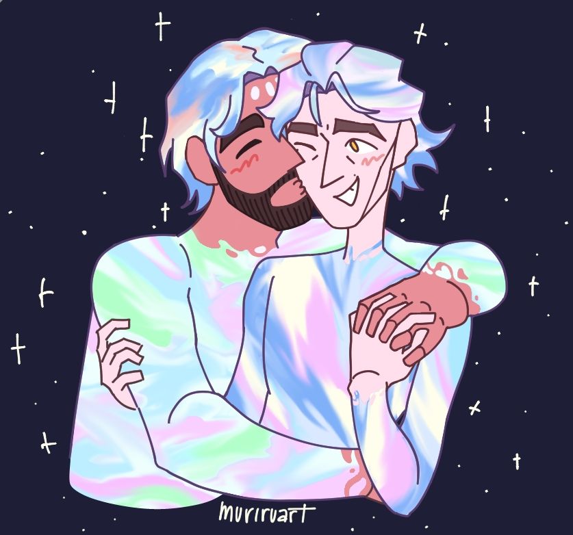 Fanart of the couple ship Jayce x Viktor from arcane. They're in their colorful astral plane forms seen in season 2, act 3. 

Jayce's right arm is wrapped around Viktor's waist and the left hand is holding Viktor's hand over Viktor's shoulder. Jayce is kissing Viktor on the cheek. Viktor is smiling widely with one eye closed on the side where jayce is kissing him. Viktor's left hand is holding Jayce's left hand. Viktor's right arm is hugging Jayce's right forearm

The backgrond is space-themed. It's dark blue with small yellow stars sprinkled around the main subject