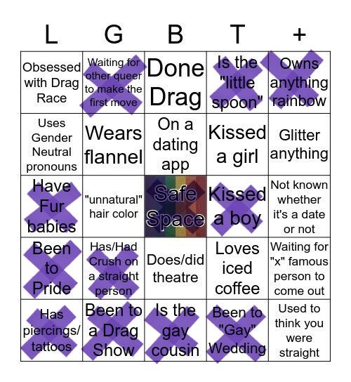 The same lgbt+ bingo card with my answers marked. No bingos but I got close