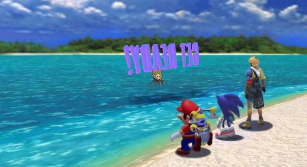 character models of Mario, Sonic, and Tidus from Mario Sunshine, Sonic Adventure DX, and Final Fantasy X respectively over looking a PS2 era beach. Rising from the water is Kara from Roman Sands RE:Build with the big GET READY! text that appears each day when the player rises from the ocean in RS:RB floating above her and facing her