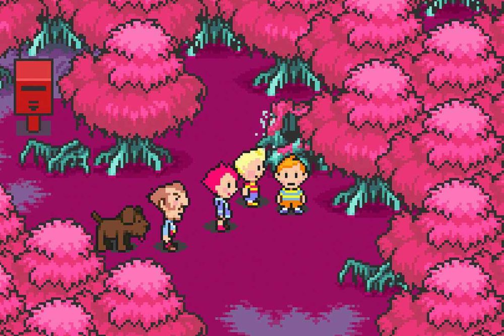Mother 3 screenshot containing player and NPCs inside a swamp with pink trees.
