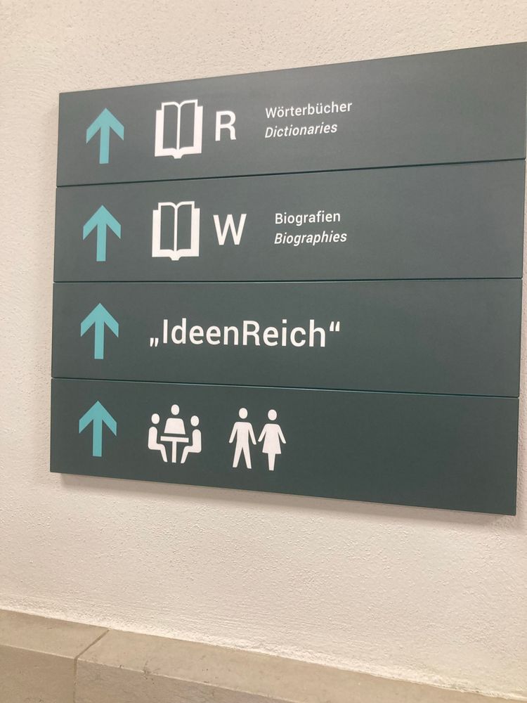 A directional sign with arrows pointing up, indicating locations for dictionaries, biographies, "IdeenReich," and symbols for a meeting area and restroom options.
