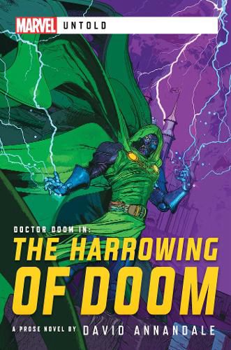 Book cover with green and purple colors, of a man in a green cloak and cape with lightening coming from his fingers. 