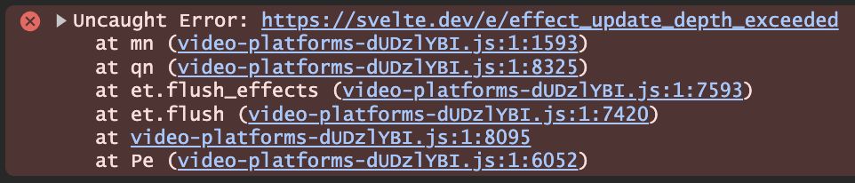 Browser console log showing uncaught error: effect update depth exceeded