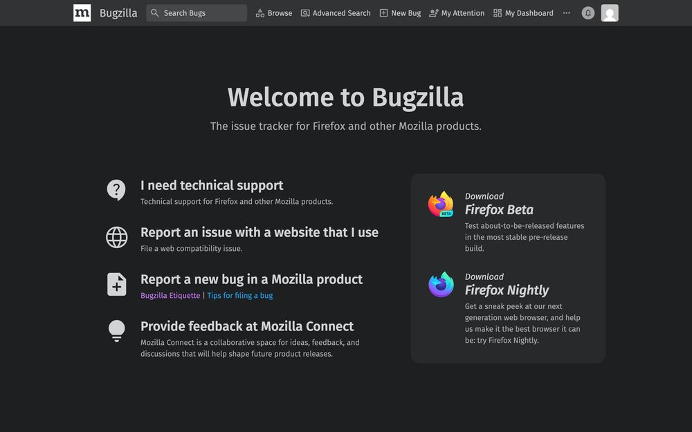Mozilla’s Bugzilla homepage, after optimization: a two-column layout, an enlarged title, and a distinctive product download section.