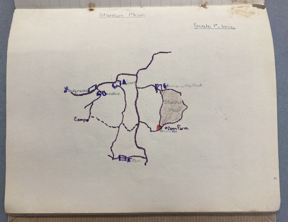 Sketch in coloured crayons with title 'Stanton Moor'. It shows the moor and several roads to it's west, including the locations of the villages of Elton and Youlgreave.