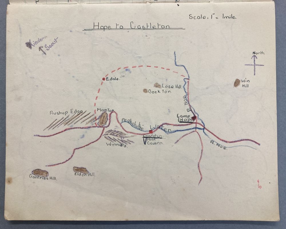 Sketch in coloured crayons with title 'Hope to Castleton', showing various features around Hope and Casleton, including Peak Cavern.