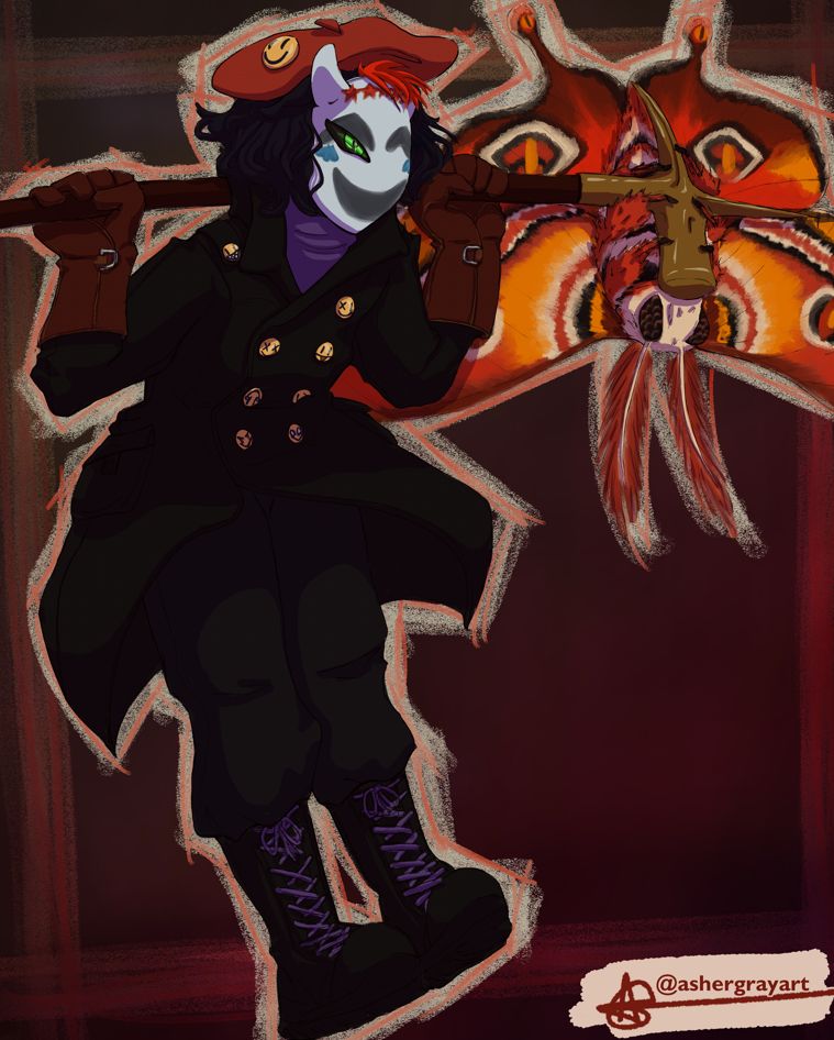 a girl in a full face mask, painted with a smiley face, wearing a red beret and an overcoat. her buttons have smiley faces on them. she is rocking back on her heels and balancing a bec de corbin over her shoulders. a huge red moth is perched on the head of the hammer, upside down