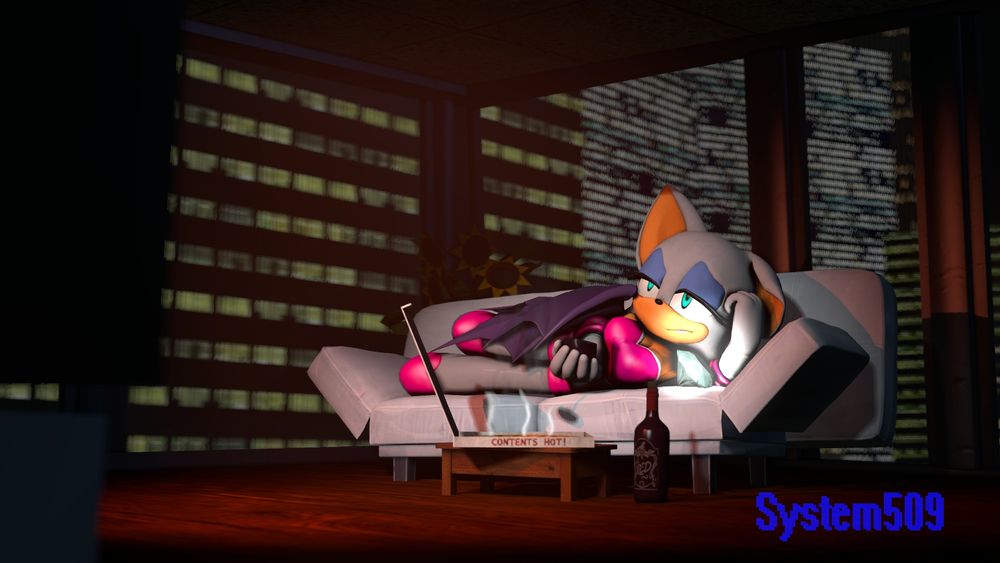 Rouge watching a movie after a successful heist of a chaos emerald. Seems she's not enjoying the movie too much.