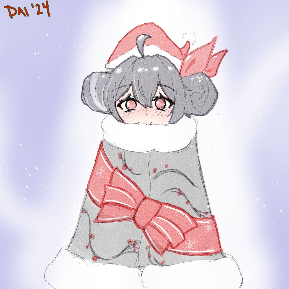 The vtuber Tamaghostie smiling and facing towards the viewer. She's in a winter cloak with a santa hat and a christmas bow wrapped around her