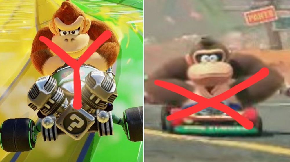 In-game images of Donkey Kong in Mario Kart 8 (left) and the new Mario Kart for Nintendo Switch 2 (right). Both have letters that vaguely resemble their shape overlaid. Mario Kart 8 D.K. has a red "Y" overlaid, and the new D.K. has a red "X" overlaid.