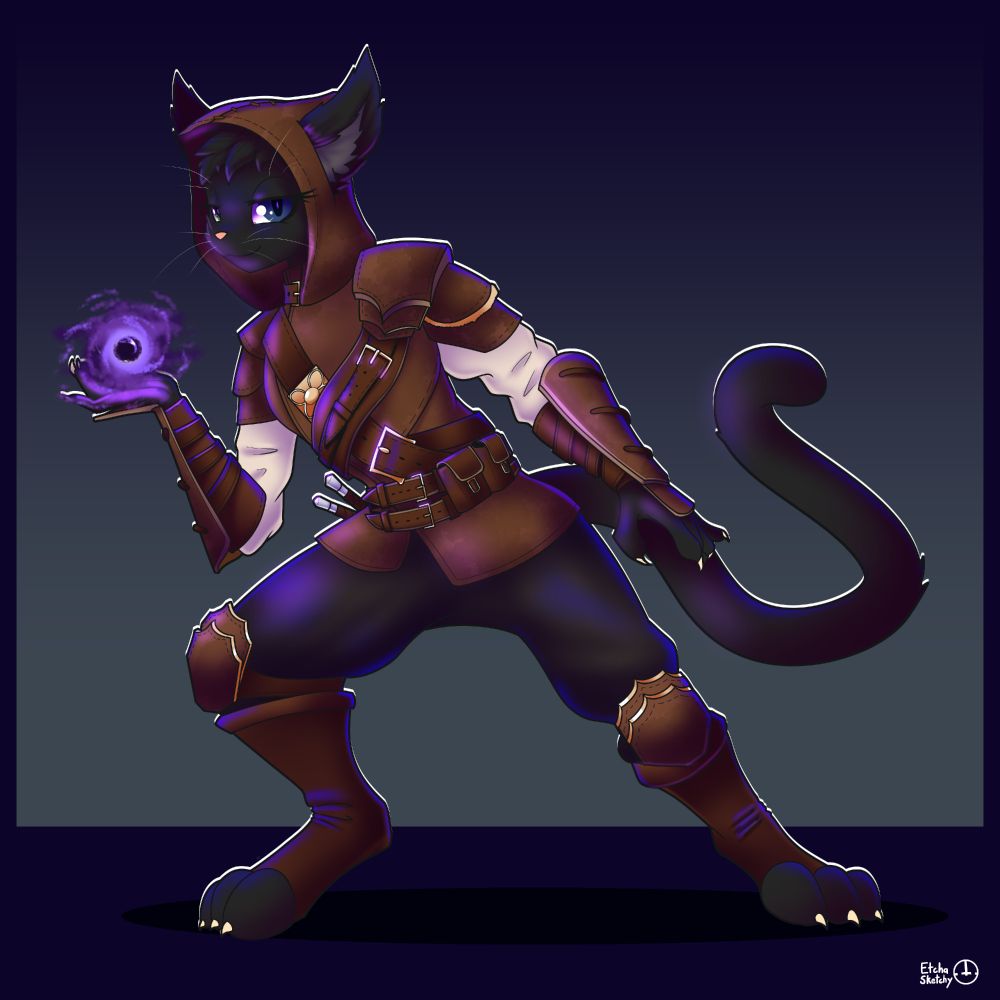 A Picture of a black khajiit wearing skyrim thieves' guild armor, posing stealthily and casting an illusion spell.