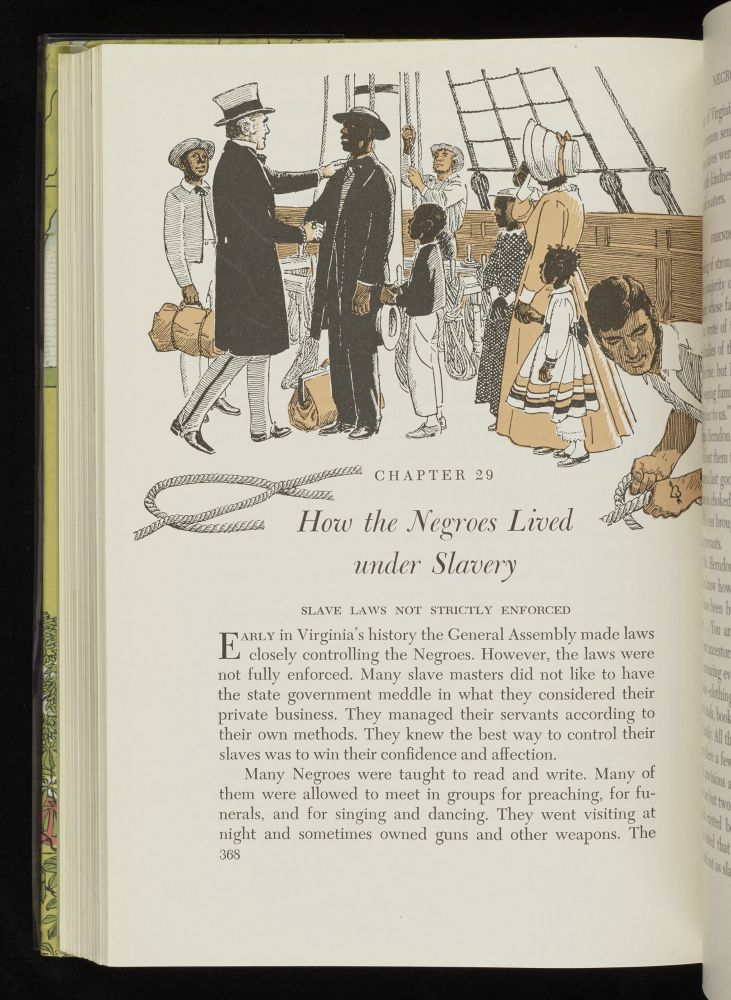 The illustration depicts a white man freeing the people he had formerly enslaved and sending them to Liberia, an example meant to show that a “feeling of strong affection existed between masters and slaves in a majority of Virginia homes.”