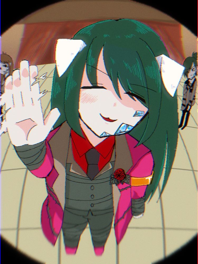 中央チームでカメラに向かって手を振るロンドンさん。大和先輩と奈良ちゃんが怪訝そうに見ている。絶対ロンドンさんは通りすがりの職員と挨拶してくれるし暇な時カメラに手を振ってそうというイラスト。