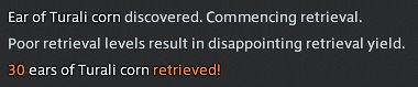 The aforementioned Voyage Log. It reads:
"Ear of Turali corn discovered. Commencing retrieval.
Poor retrieval levels result in disappointing retrieval yiel.d
30 ears of Turali corn retrieved!"