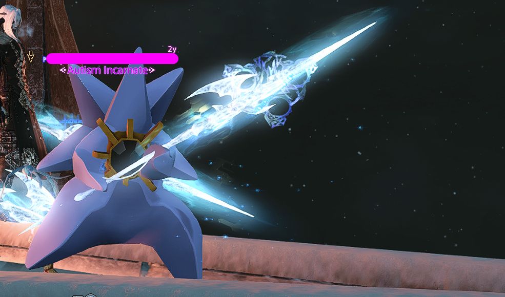 A modded FFXIV character dressed like Mega Starmie holding the Gae Bolg Ultima dragoon weapon. Their name is censored, and their title says "Autism Incarnate."