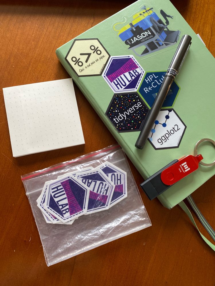 Image of notebook, stickers, and USB drive to pack for the trip