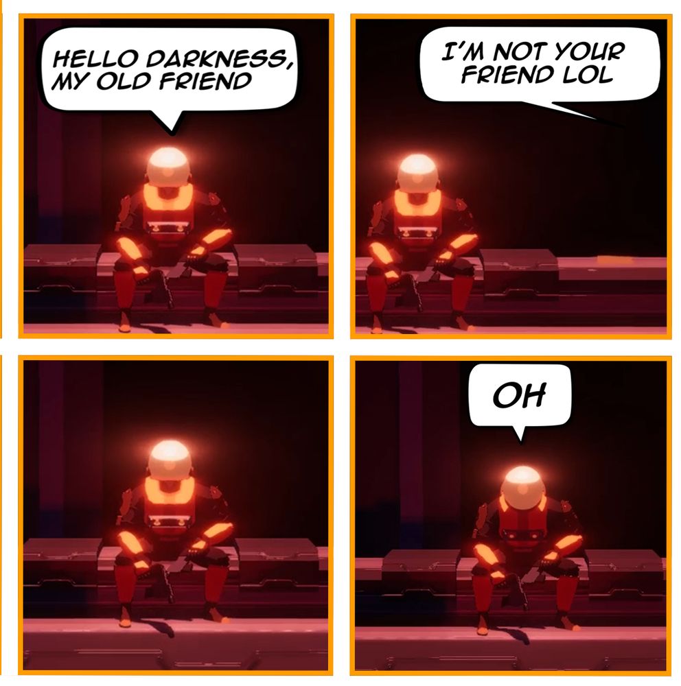 4 panels of Commando from Risk of Rain 2 sitting ona bench talking to darkness