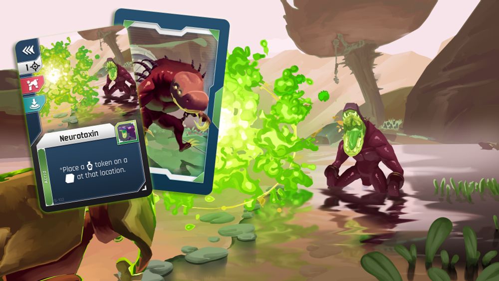 Acrid from Risk of Rain 2 on the right side of the screen spitting green goo at something to the left. 2 cards featuring Acrid and Acrid attacking are featured on the left.