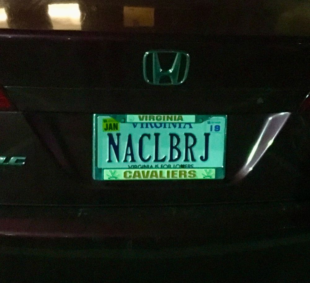 Virginia license plate “NACLBRJ”