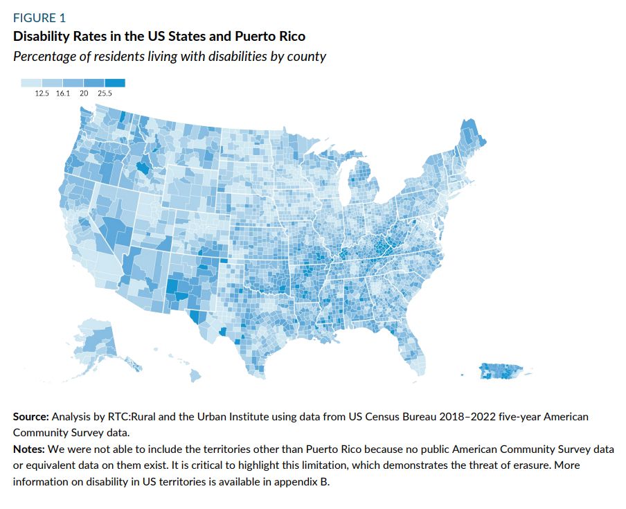 Figure 1 shows Disability Rates in the US States and Puerto Rico, with the percentage of residents living with disabilities by county.