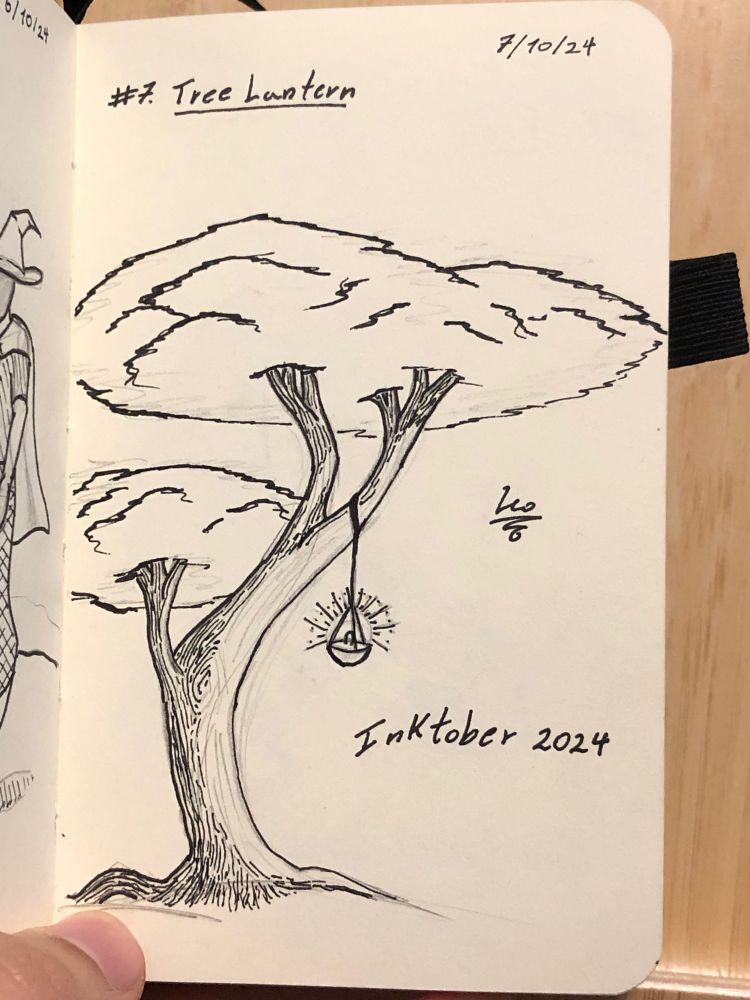 An ink drawing of a tree with a hanging light 