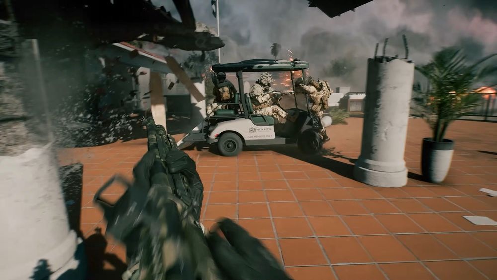 A screenshot of Battlefield 6 from the recent "RedSec" trailer, as part of the Season 1 content update. RedSec, or "Redacted Sector," is the battle royale mode that takes place in Southern California.

The screenshot is a POV from a player as they watch their squadmate get run over by a golf cart being driven by an enemy squad. The golf cart was driven through the actively-collapsing reception building of a golf course, leading out to a red-brick patio overlooking a spreading wildfire.