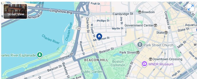 Picture of the map location of the 15 million single family home - in downtown boston, on Mt. Vernon St., between Boston Common and the Charles River.