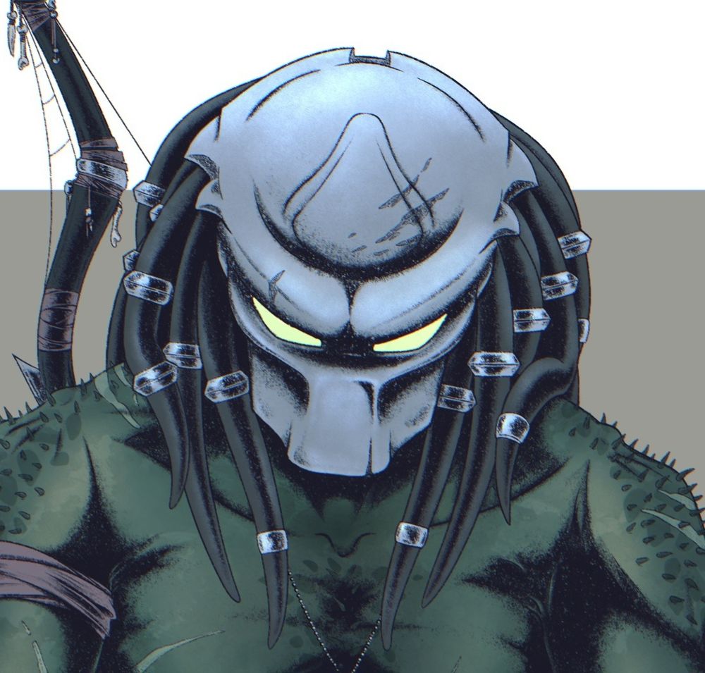 Close up portrait of Green Yautja predator Archer illustration, sitting with legs crossed and biomask on.