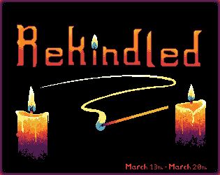 A banner for the Rekindled event, done in a pixel art style, of two lit candles and a striking match.