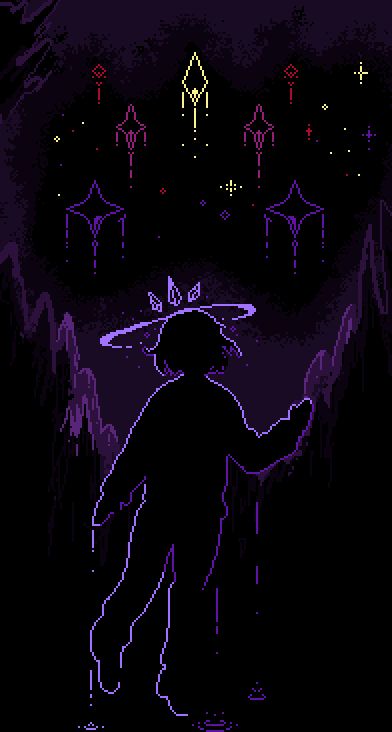 Silhouette looking out into a crack in a black crag. Past the crags, is inky black expanse filled with crystal eyes like stars. Around the silhouette's head is a circle of light, topped with crystal eyes.