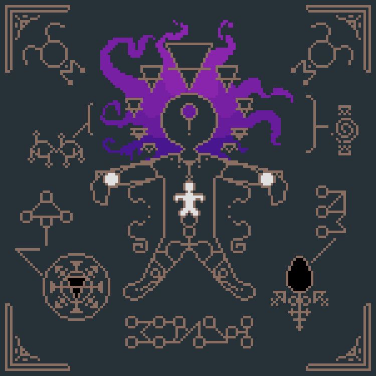 A pixel art diagram of a body. The body's head is surrounded by purple slime and downward pointing triangles with slashes through them. There is a white body inside of the body in the diagram, it is the same but smaller. There are two black symbols on either side of the body. On the left is a circle with a black triangle with a slash through it. On the right is a black egg. Both symbols are surrounded by the symbol for mercury. 