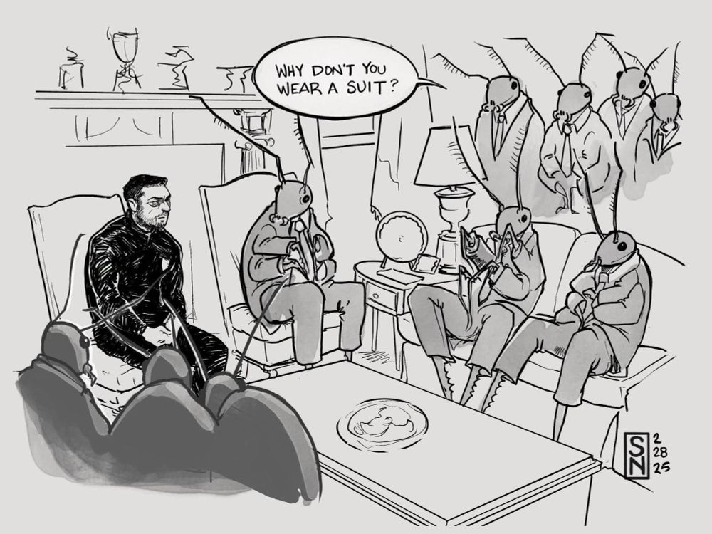 Zelenskyy in the Oval Office surrounded by Trump, Vance, Rubio, and right-wing media, all depicted as cockroaches, one of whom asks “why don’t you wear a suit.?”